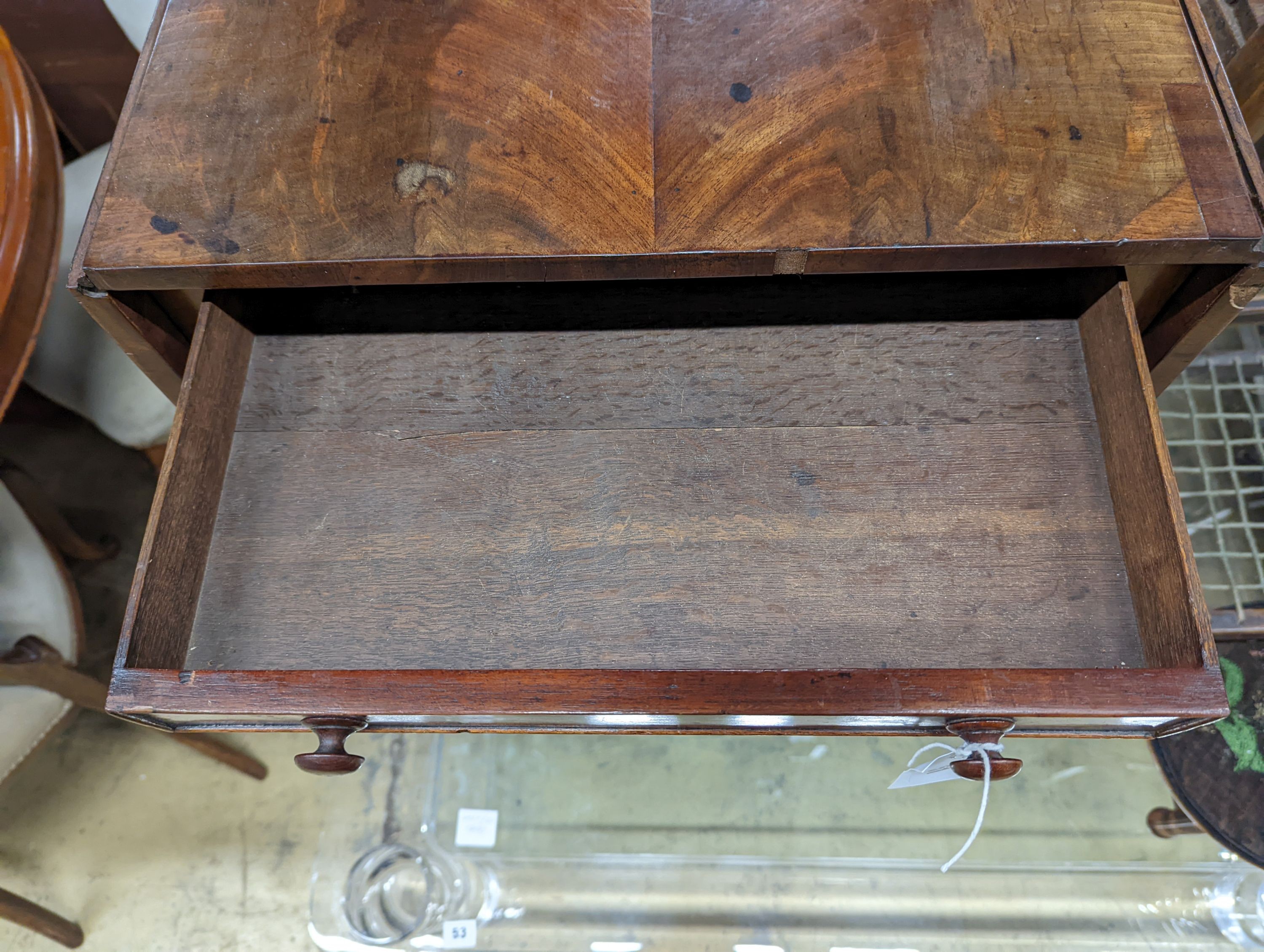 A Victorian mahogany drop flap work table, width 49cm, depth 31cm, height 71cm